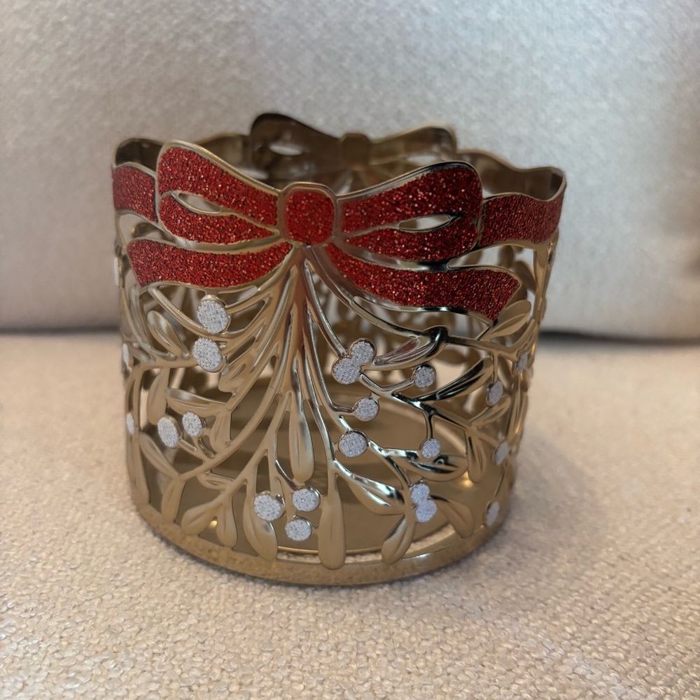 Bath & Body Works 3 Wick Candle Holder Matte Gold Red Glitter Ribbon Holly Berry